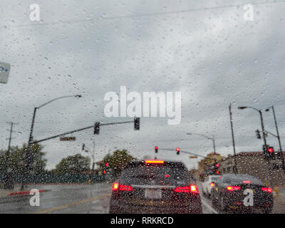 Driving in the rainy Los Angeles urban at California Stock Photo