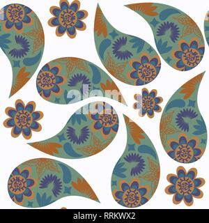 Paisley seamless pattern in green, brown and dark blue colors on white background. It is located in swatch menu, vector Stock Vector