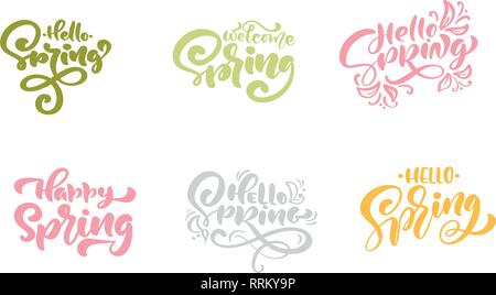 Set of six i love Spring Pastel Calligraphy lettering phrases. Vector ...