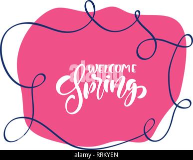 Vintage Vector red background with calligraphic lettering text Welcome Spring. Isolated flat illustration on white background. Spring scandinavian Stock Vector