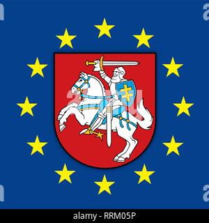 Lithuania coat of arms on the European Union flag, vector illustration Stock Vector