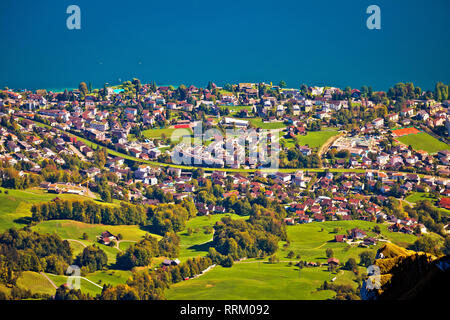 Hergiswil village and Lake Luzern aerial view from mount Pilatus, landscape of Switzerland Stock Photo
