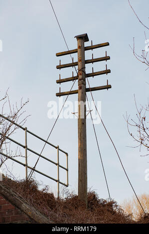 'Wireless' on the railway. Old style telegraph pole on side of railway with no telegraph wires. Stock Photo