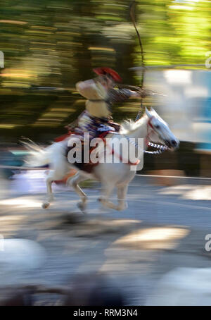 Yabusame - Mounted traditional Japanese archery - exhibition at Toshogu Shrine, Nikko Stock Photo