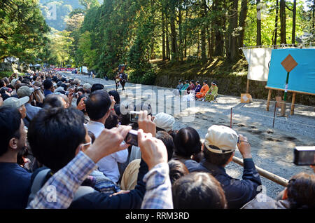 Yabusame - Mounted traditional Japanese archery - exhibition at Toshogu Shrine, Nikko Stock Photo