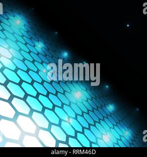 Blue light abstract on dark background with hexagon net shape. Stock Vector