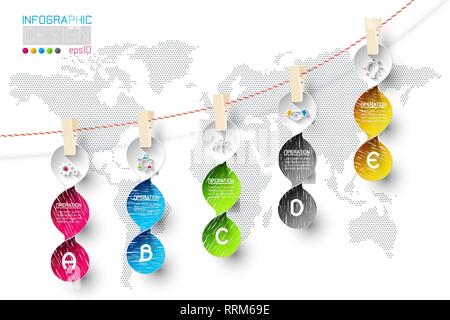 Business infographic with 5 steps hanging on clotheslined. Stock Vector