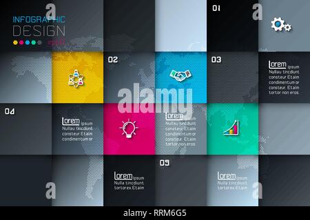 Five square labels with business icon infographics. Stock Vector