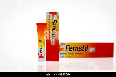CHONBURI, THAILAND-OCTOBER 27, 2018 : Fenistil gel. Dimethindene maleate gel for antiallergic, antipruritic, antihistaminic. For treatment urticaria Stock Photo