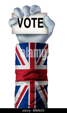British election hand concept with an arm wearing a United Kingdom flag jacket  holding a card representing a brexit vote as a casting ballot symbol. Stock Photo