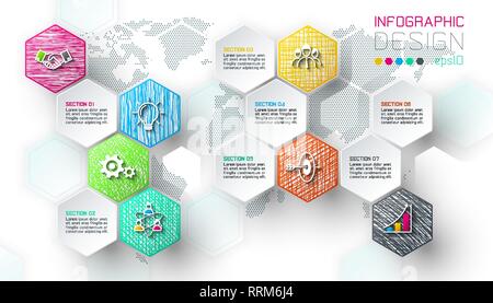 Business hexagon net labels shape infographic bar. Stock Vector
