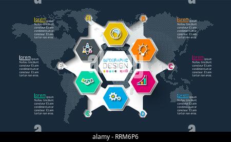 Business hexagon labels shape infographic on circle. Stock Vector