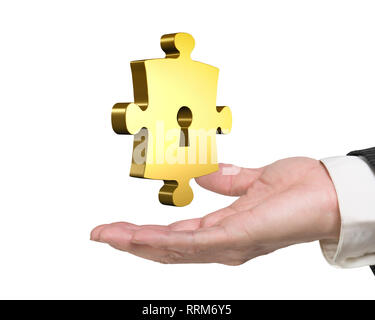 Man hand holding one golden puzzle piece with keyhole, isolated on white background. Stock Photo