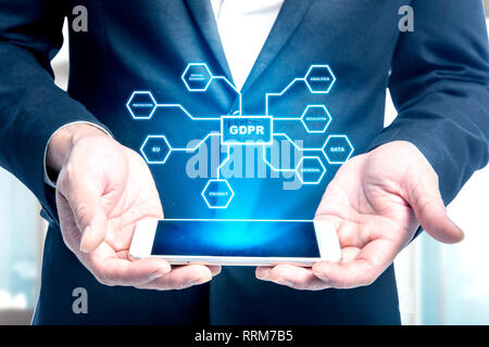 Businessman showing virtual GDPR protection structure from phone screen. Cyber security and privacy. General Data Protection Regulation (GDPR) concept Stock Photo