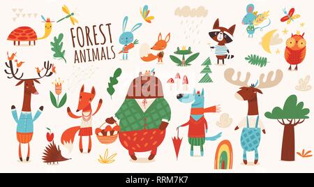 Big vector set of cartoon forest animals. Stock Vector