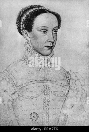 Mary Stuart, 8.12.1542 - 8.2.1587, Queen of Scots, Queen consort of France, portrait, drawing by Francois Clouet, 1559, Bibliotheque Nationale, Paris,, Additional-Rights-Clearance-Info-Not-Available