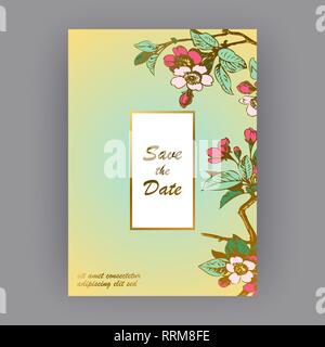 Botanical wedding invitation card template design, hand drawn sakura flowers and leaves on branches, vintage rural cherry blossom on green gold backgr Stock Vector