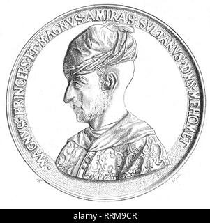 Mehmed II Fatih, 30.3.1432 - 3.5.1481, Sultan of the Ottoman Empire 3.2.1451 - 3.5.1481, portrait, medal by Jehan Triaudet de Selongey, 1454 - 1455, obverse, wood engraving, 1868, Additional-Rights-Clearance-Info-Not-Available Stock Photo