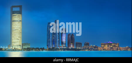 Panorama view of Abu Dhabi Skyline at sunset, UAE Stock Photo