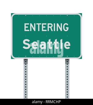 Vector illustration of the Entering Seattle green road sign Stock Vector