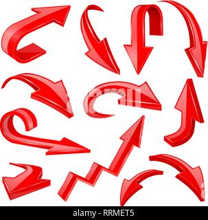 Red 3d shiny arrows. Set of bent icons Stock Vector