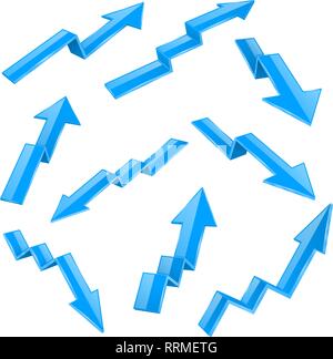 Financial indication arrows set. Blue 3d shiny icons Stock Vector