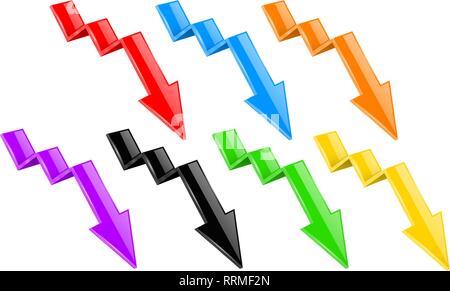 Arrows. Colored DOWN financinal 3d signs Stock Vector