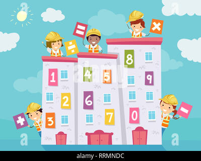 Illustration of Stickman Kids Wearing Yellow Hard Hats Holding Math Operators with Buildings with Numbers Stock Photo
