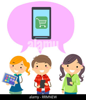 Illustration of Stickman Kids Holding Mobile Phones with Speech Bubble Talking About Purchasing Using Phone Stock Photo