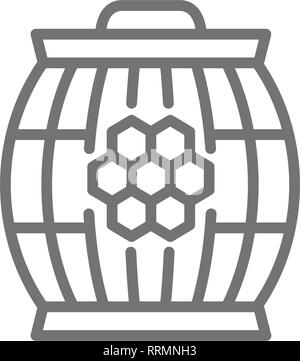 Wooden barrel with honey line icon. Stock Vector