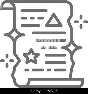 Magic spell scroll, unrolled paper certificate line icon. Stock Vector