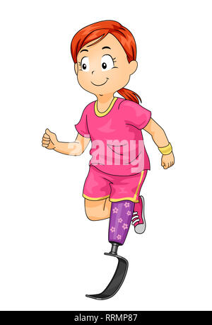 Illustration of a Kid Girl Running and Using a Prosthetic Blade Leg Stock Photo