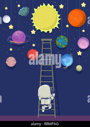 Illustration of a Kid Astronaut Climbing a Ladder Towards the Outer Space Stock Photo