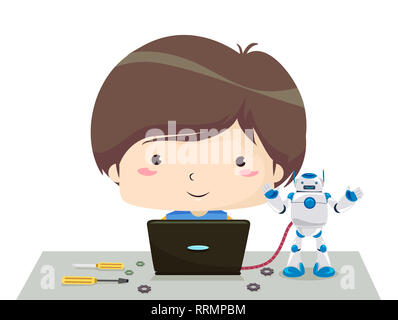 Illustration of a Kid Boy Using Laptop with Java. Programming Icon ...