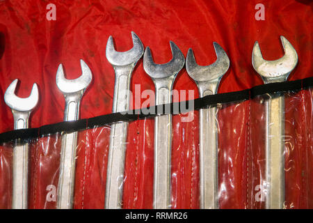 Tools and fixing equipment in a special pouch. Repair metal tools Stock Photo