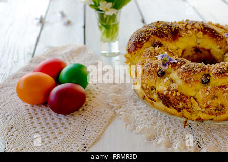 Sweet Easter bread with flowers decoration Stock Photo