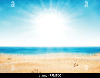 Summer beach view of sun burst with blue sky background. Decorating for traveling in nature time. You can use for ad, poster, print, artwork. illustra Stock Vector