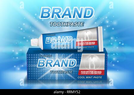 Whitening toothpaste ads isolated on blue. Tooth model and product package design for dental care poster or advertising. 3d Vector illustration. Stock Vector