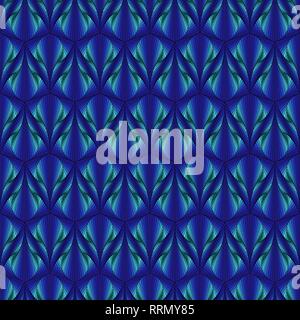 Ornamental seamless pattern like a pseudo 3D image with smooth transition blue hues, vector handmade Stock Vector