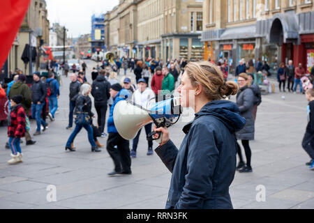 Street protestor with megaphone, Newcastle Upon Tyne, City Centre on a busy Saturday, North East England, UK