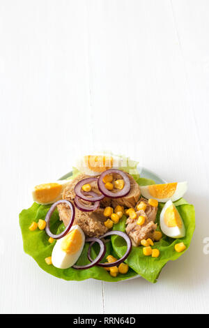 Canned tuna with eggs, suggar corn, red onion rings on green lettuce leaf, slice of lemon in pocelain bowl. Tuna fish salad. White wooden table backgr Stock Photo