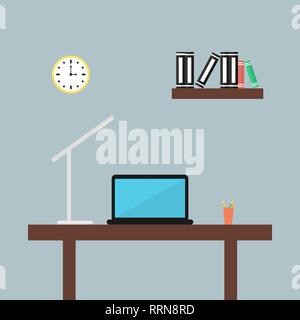 A desktop with a laptop and a desk lamp in the office. Stock Vector
