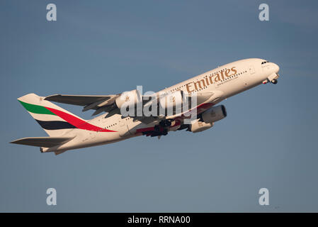 Emirates airline Airbus A380 jet airliner plane A6-EUA taking off from London Heathrow Airport, UK. Airline flight departure