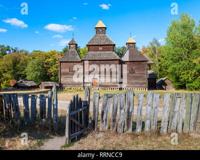 Vintage wooden church in Pirogovo village near Kiev, Ukraine. Stock Photo