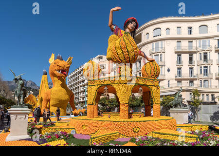 Giant sculpture made by lemons and oranges at Annual Menton Lemon Festival in French Riviera Stock Photo