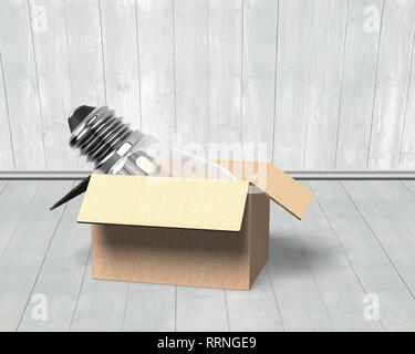 Light bulb in opened cardboard box, on wooden wall and floor indoors background. Stock Photo