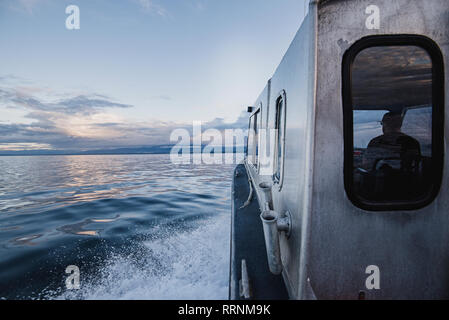 Captain driving boat on tranquil river, Campbell River, British Columbia, Canada Stock Photo