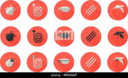 Set of flat design icons with dogs parasites as mosquitoes, roundworms, tapeworms, fleas and ticks. Stock Vector