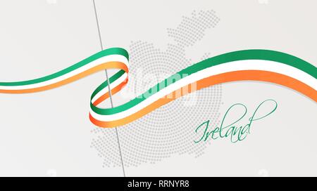 Vector illustration of abstract radial dotted halftone map of Ireland and wavy ribbon with Irish national flag colors for your graphic and web design Stock Vector