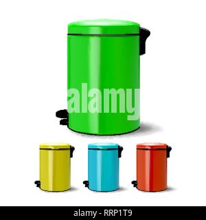 Metal Bucket Vector. Bucketful Different Colors. Classic Jar Empty. Office, Restroom Equipment For Paper Trash. Reatil Object. Isolated Realistic Stock Vector